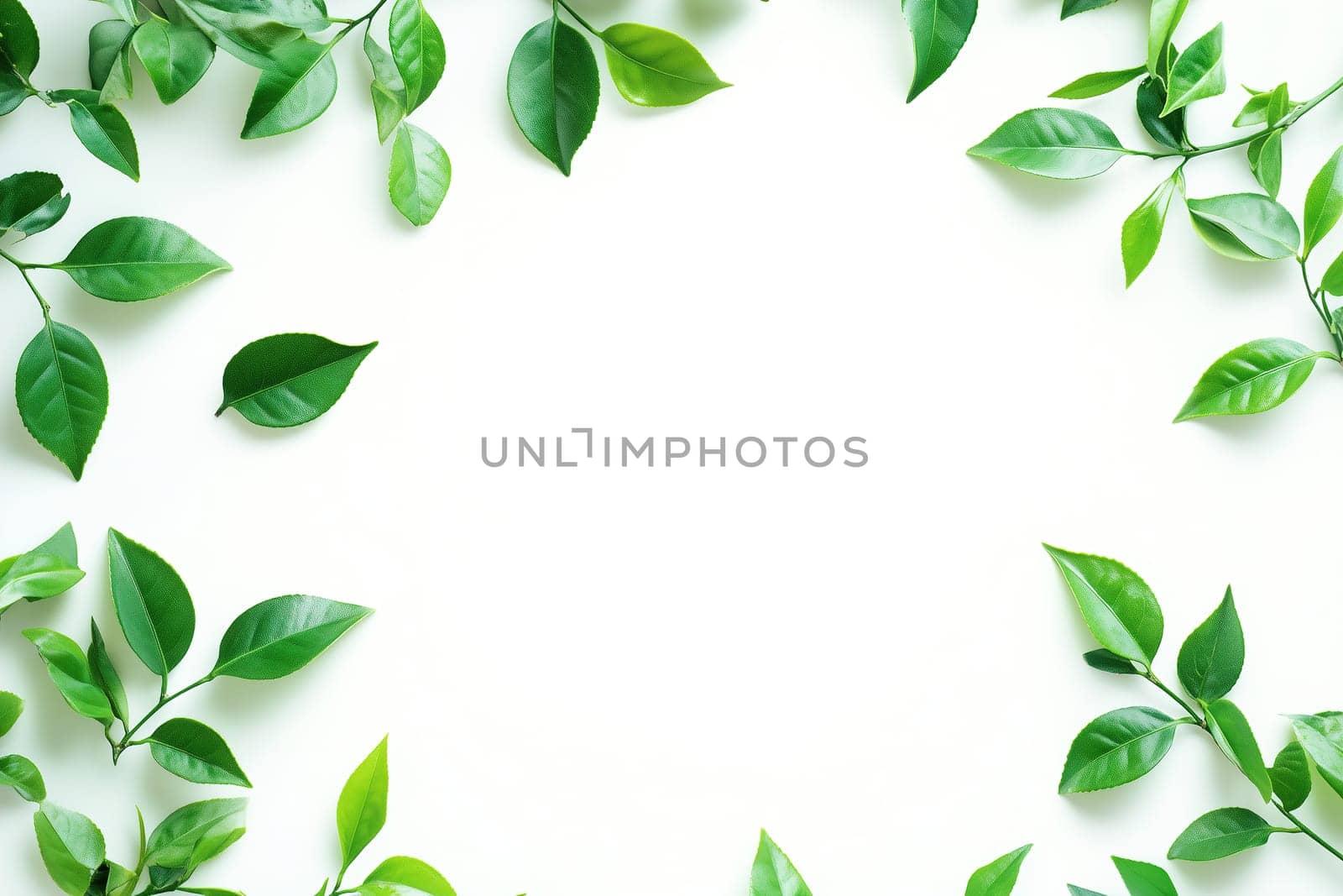 Vibrant green leaves are meticulously arranged in a circular formation on a smooth white surface, perfect for crafting invitations or nature-themed designs.