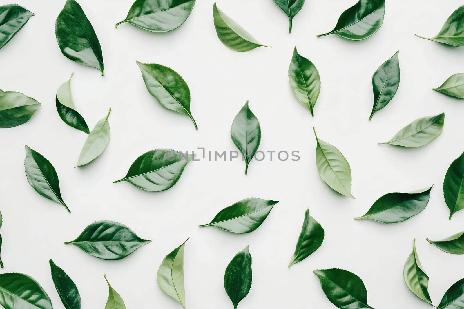 A variety of green leaves are scattered on a clean white surface, highlighting their unique shapes and textures, creating an organic aesthetic.