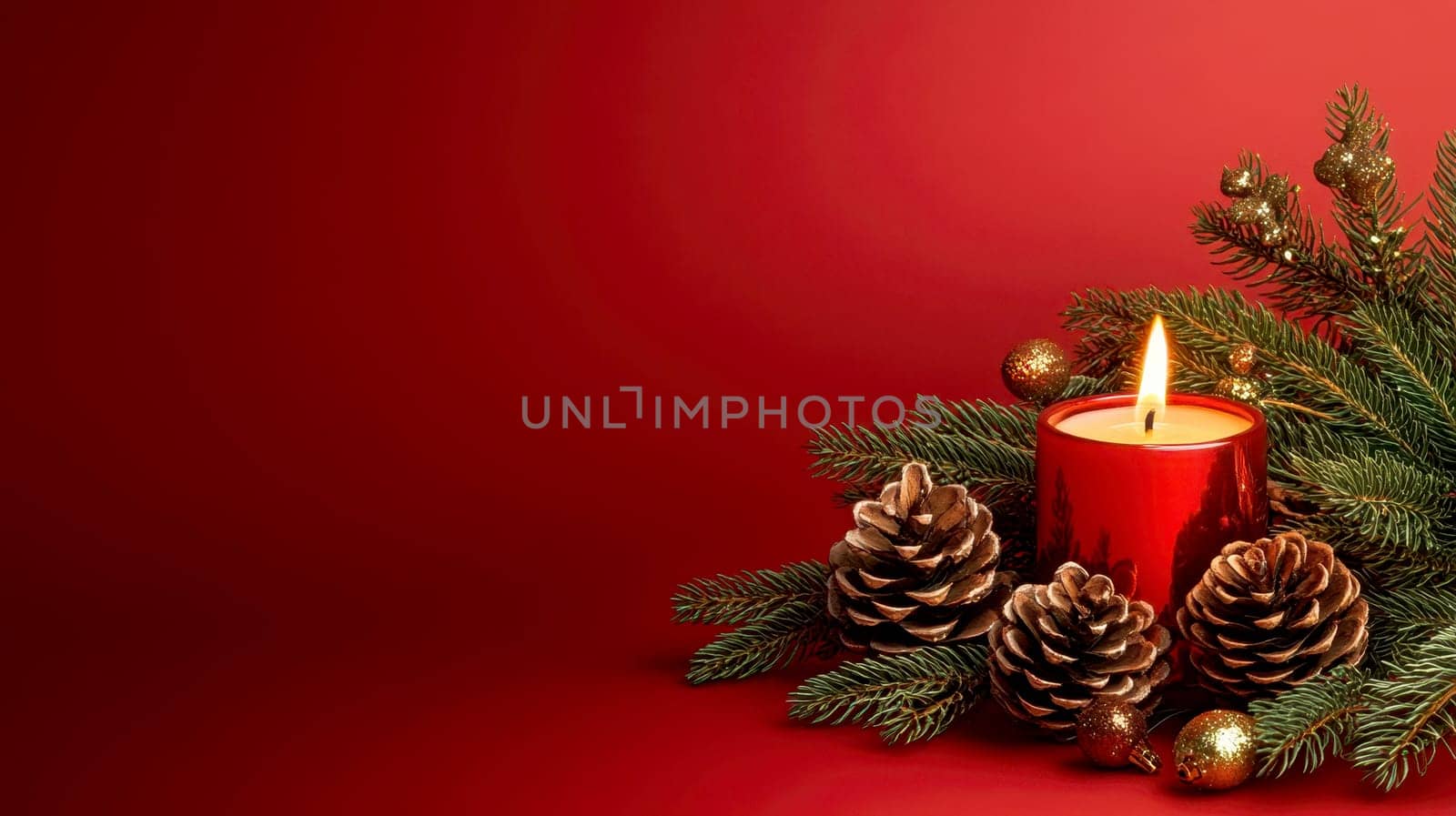Christmas candle and pine cones, with fir tree, Christmas red on background, suitable for a card or poster design. lighting captured with a wide-angle lens. --ar 16:9 --v 6.1 Job ID: 01e74055-c65d-45f5-80ec-82bf28789227