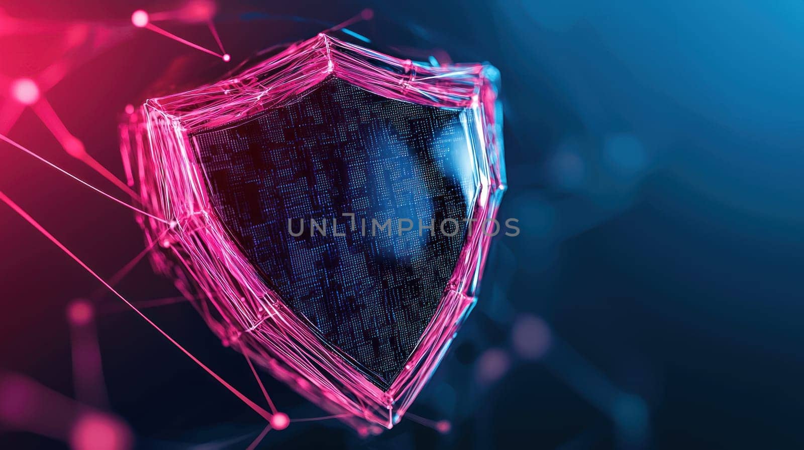 Digital firewall shield with holographic design and data connections.