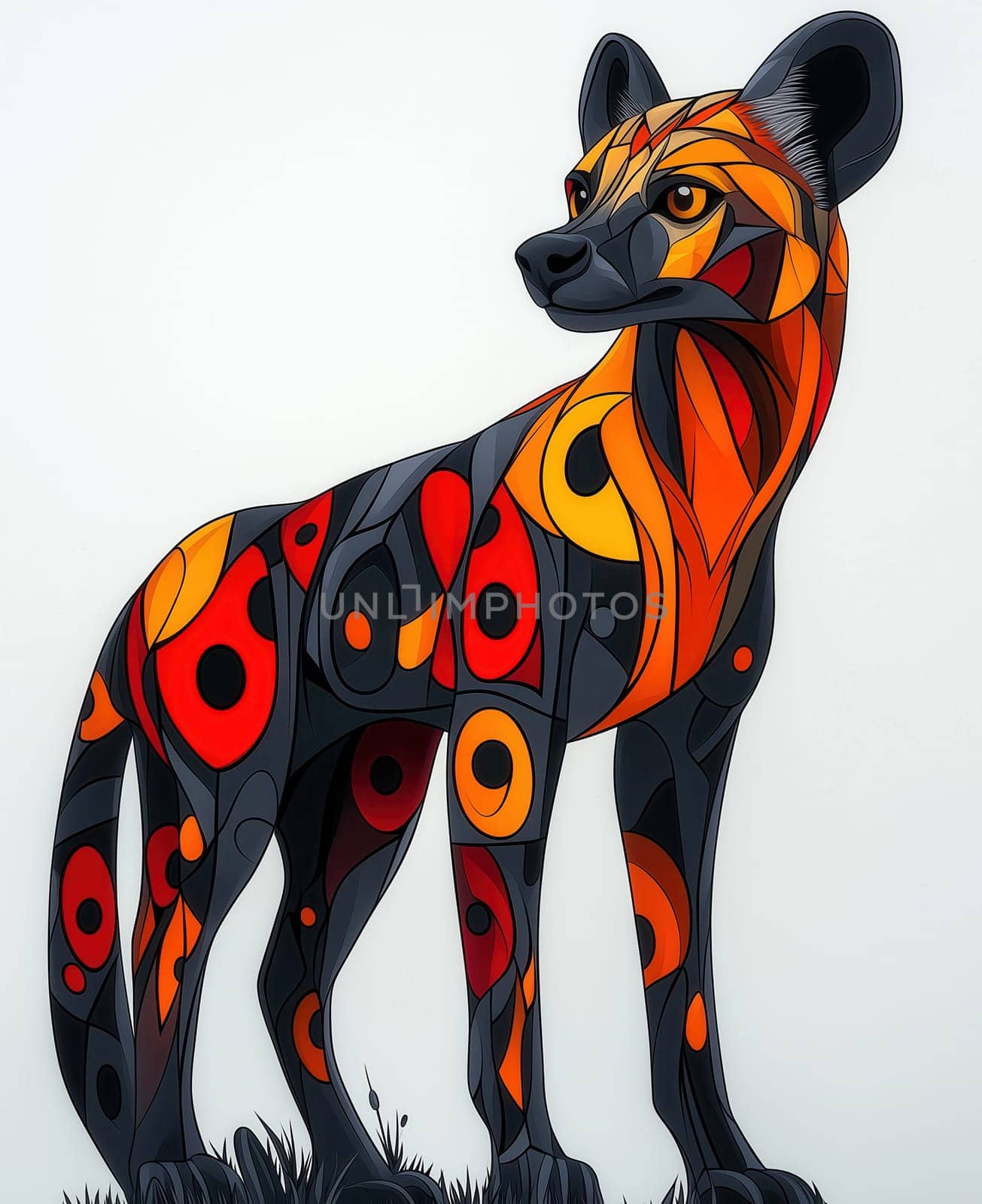Illustration for children, thoughtful hyena on a white background.
