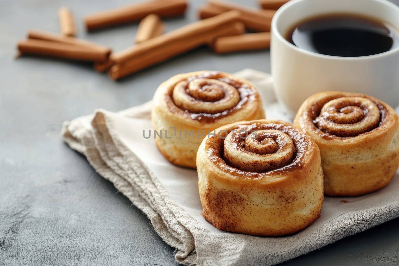 Freshly baked cinnamon buns on linen napkin with hot coffee , traditional swedish sweet pastry kanelbulle..
