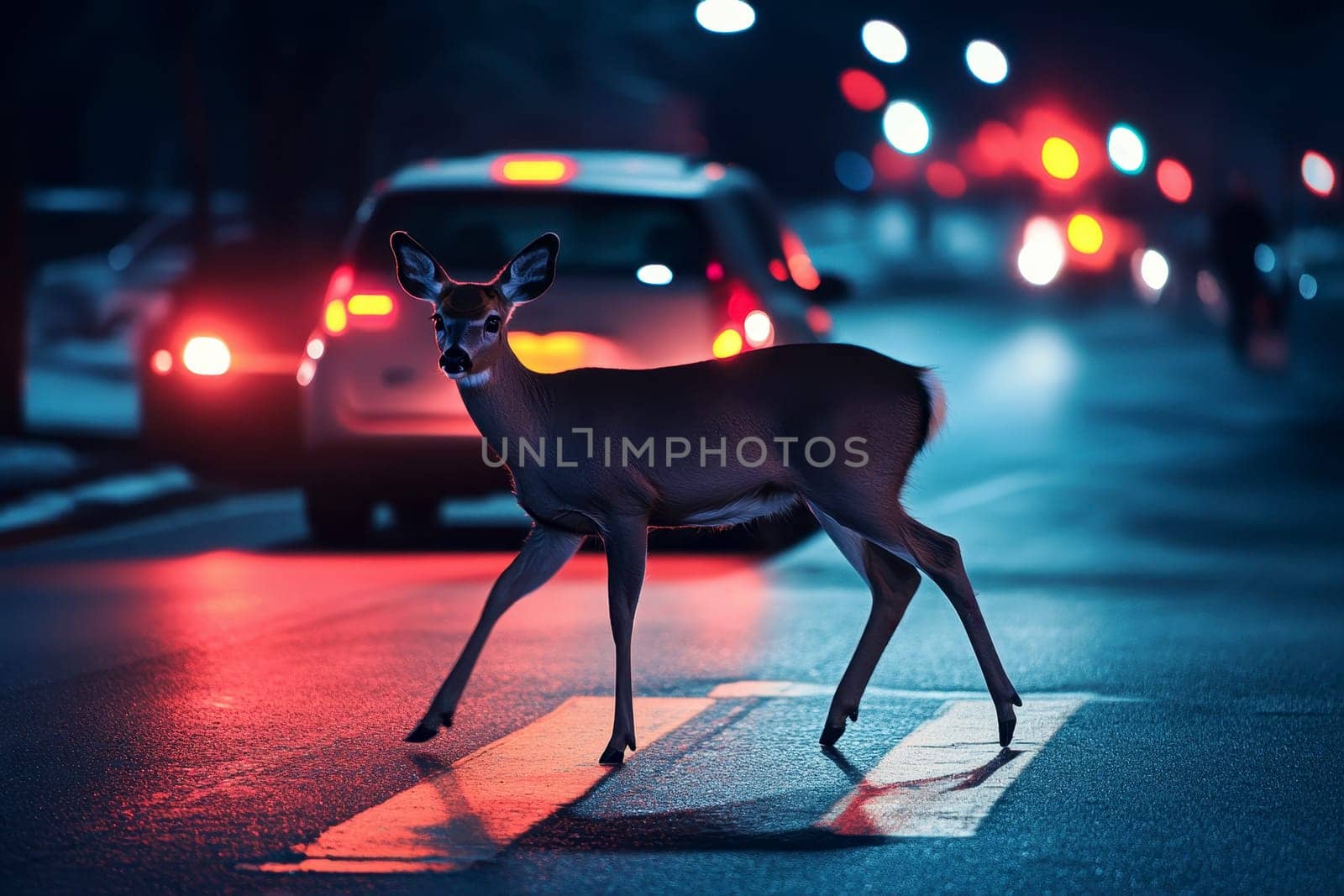 A large brown deer dashes across the road just ahead of an oncoming night car, depicting a near-miss accident in street The danger of hitting wildlife is evident..