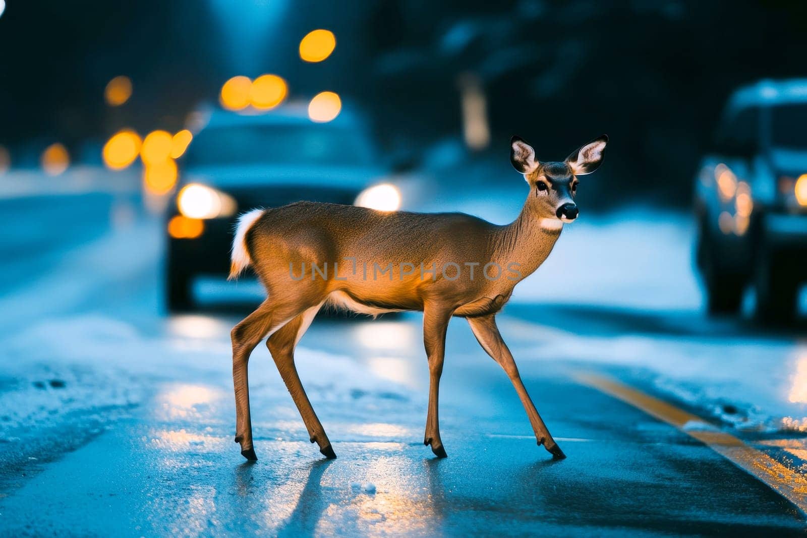 A large brown deer dashes across the road just ahead of an oncoming night car, depicting a near-miss accident in street The danger of hitting wildlife is evident..
