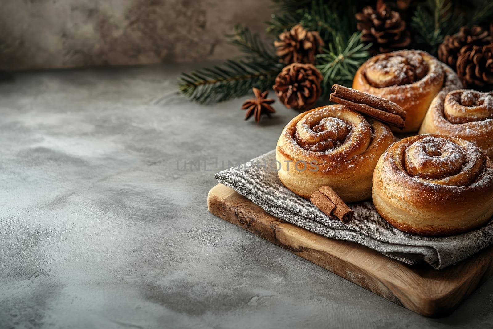 Freshly baked cinnamon buns on linen napkin with cozy background, traditional swedish sweet pastry kanelbulle..