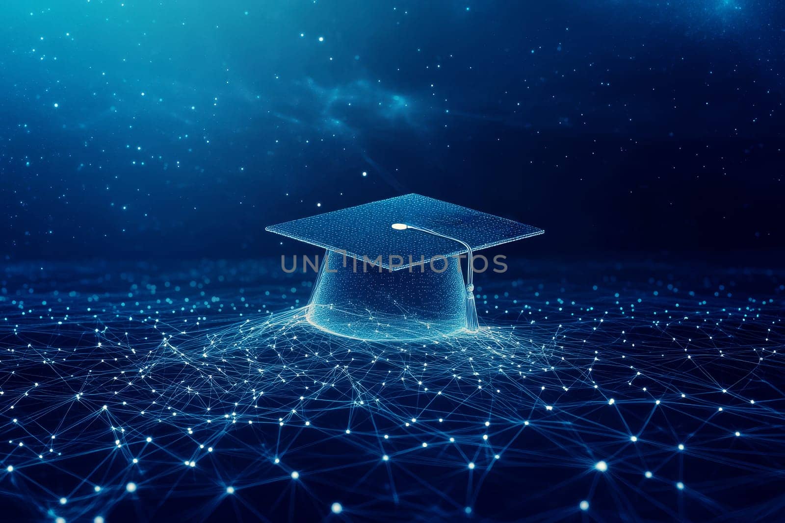 Abstract digital art of an open graduation cap made from glowing lines and dots, floating above a network grid on a dark blue background, power to shape your future through education..
