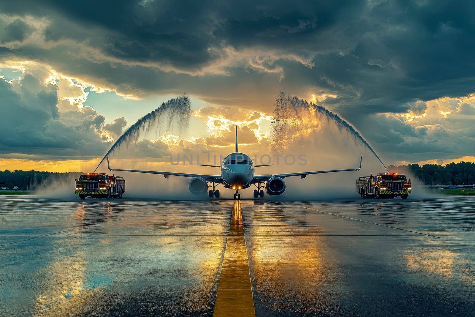 Welcome water salute at the airport. Fire trucks are ready to meet and wash the plane. Water rainbow..