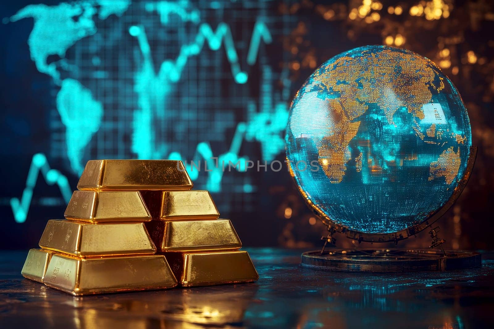 Golden globe with gold bars surrounding it, representing global investments..