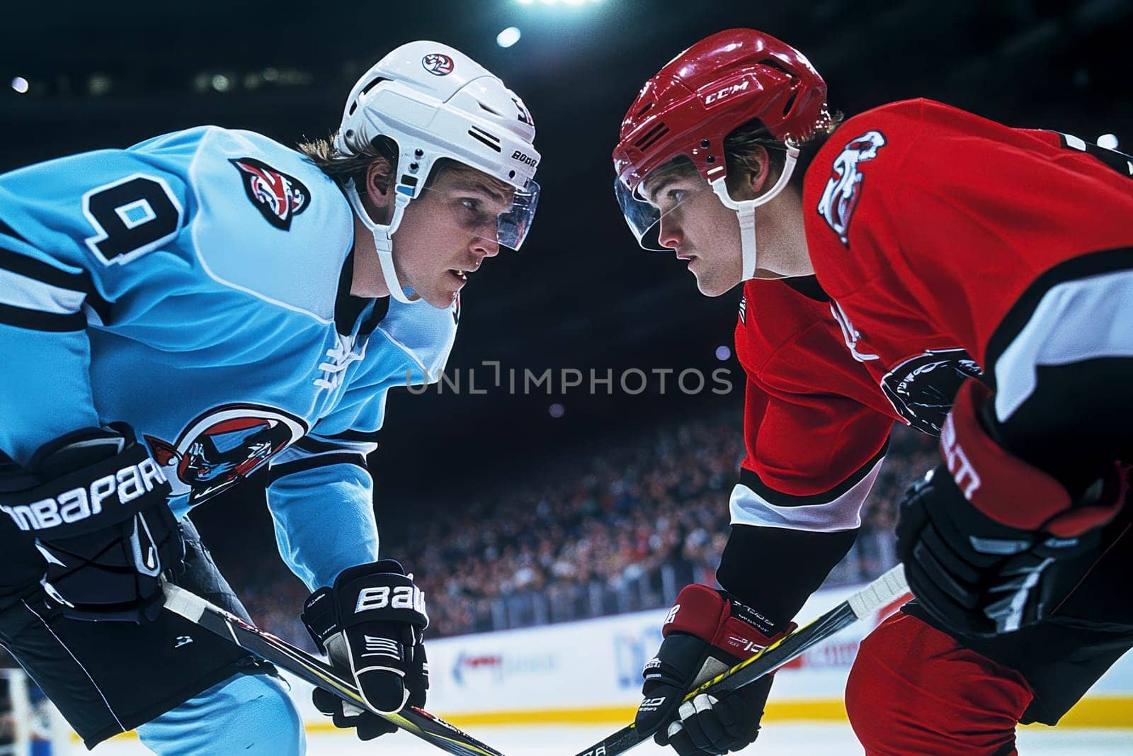 Close up view of two professional ice hockey players face to face on the rink before the match. High quality illustration