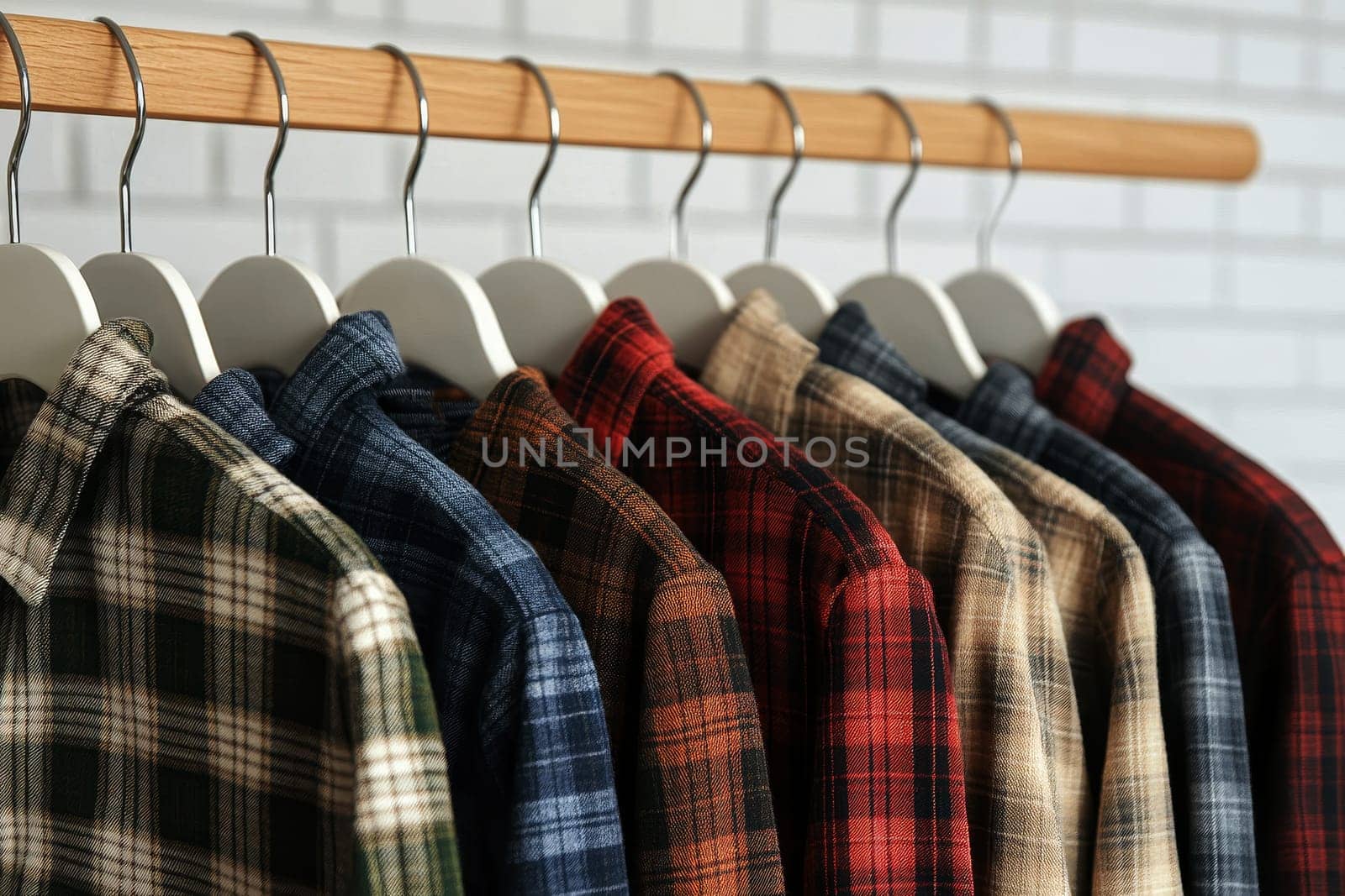 A row of plaid flannel shirts in various colors hanging on wooden hangers, creating a vibrant and organized display..