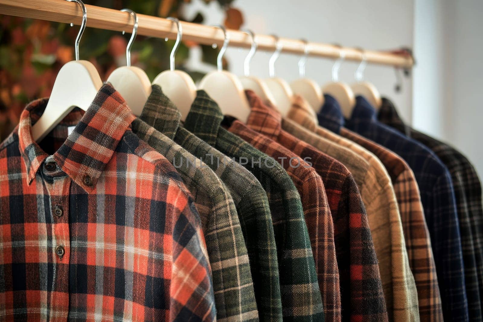 A row of plaid flannel shirts in various colors hanging on wooden hangers, creating a vibrant and organized display..