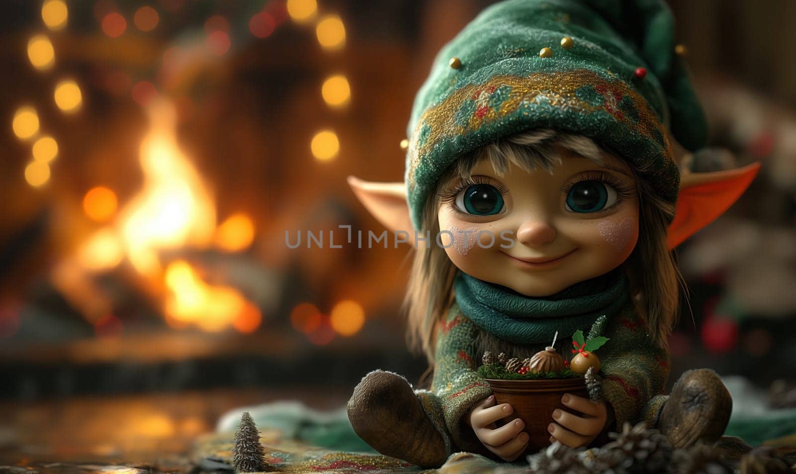 Cartoon little pixie celebrating christmas. Selective focus.