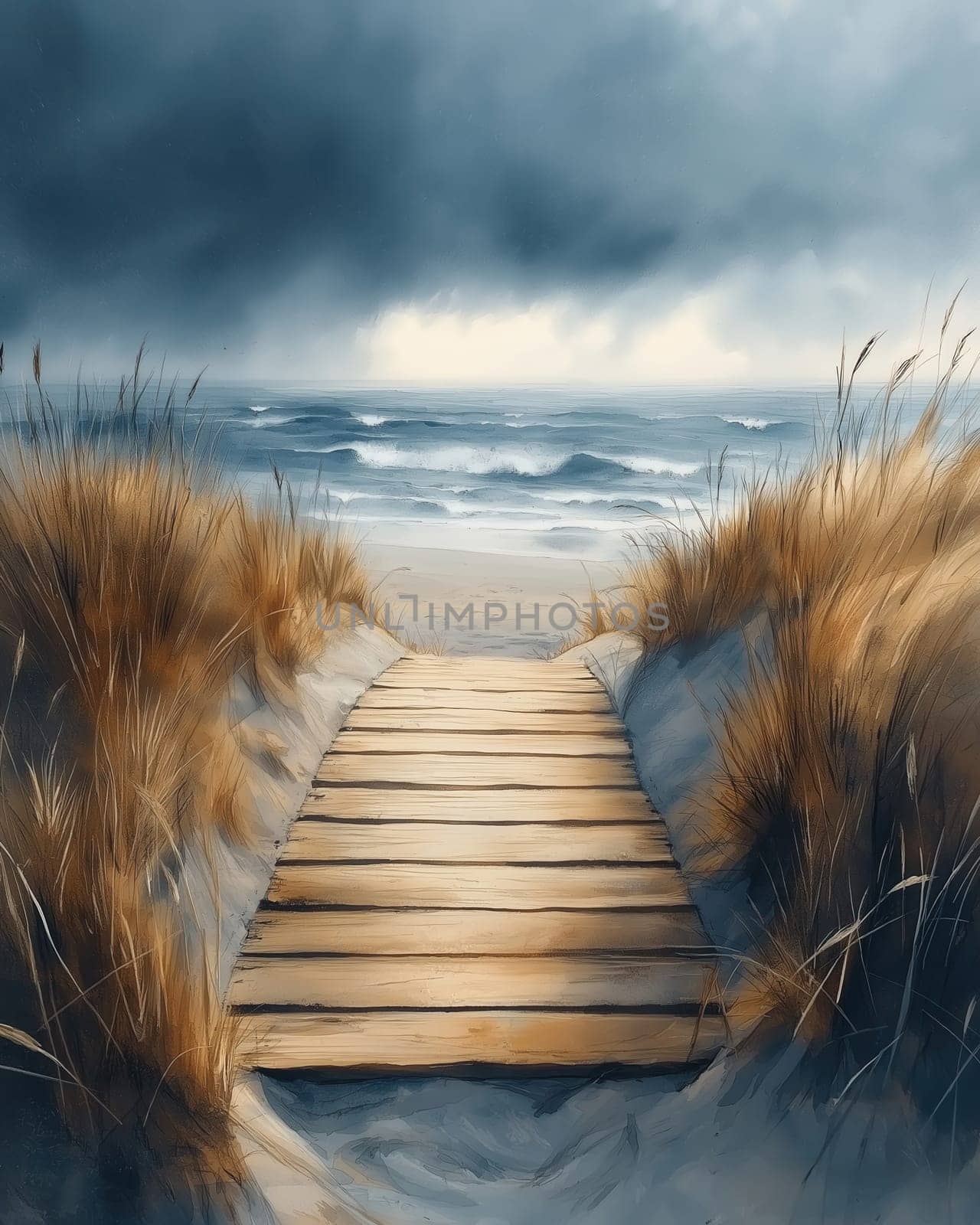 Watercolor, wooden path leading to the beach. Selective focus.