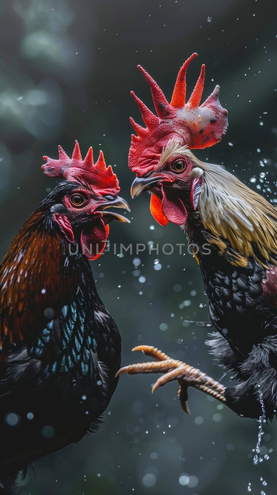 Intense Rooster Fight in a Dusty Field with Flapping Wings and Clashing Beaks