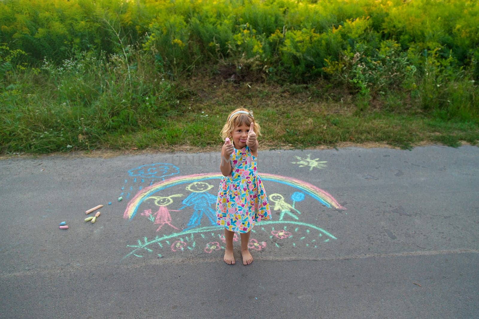 Children draw with chalk on the asphalt. Selective focus. kid.