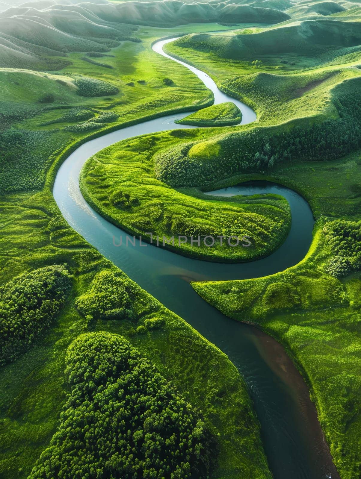 The peaceful green river winds elegantly through undulating hills, creating a harmonious natural pattern as viewed from the skies.