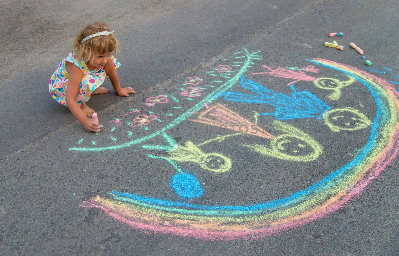 Children draw with chalk on the asphalt. Selective focus. kid.