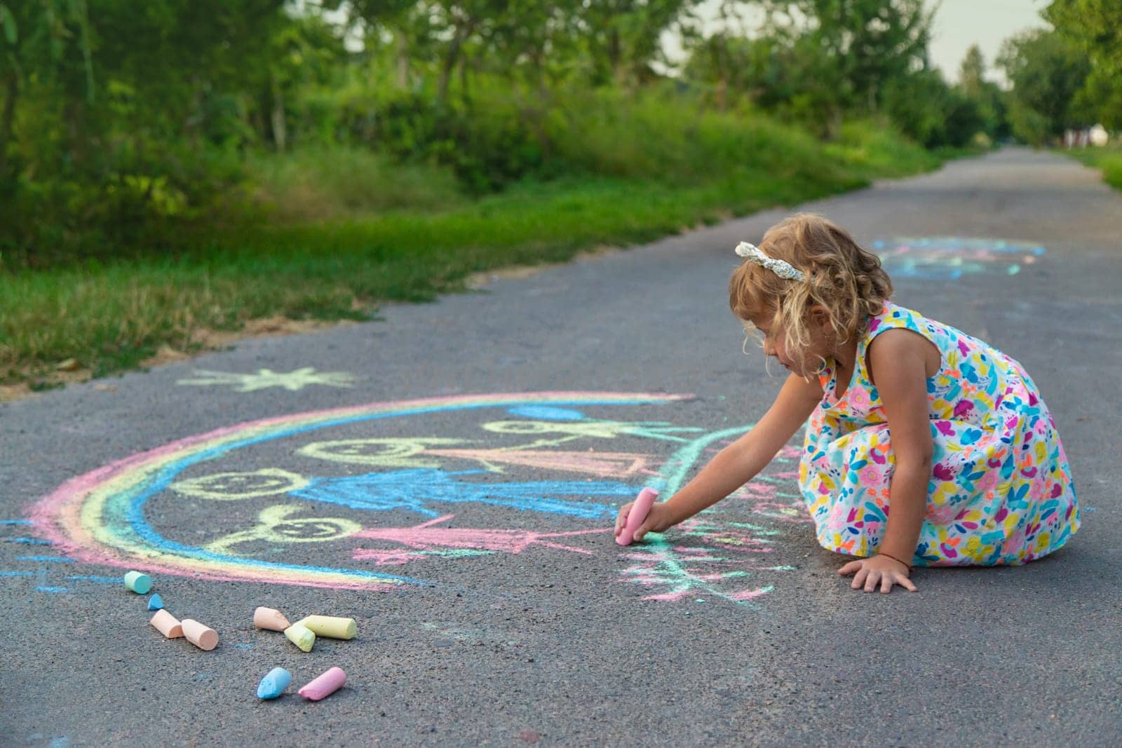 Children draw with chalk on the asphalt. Selective focus. kid.