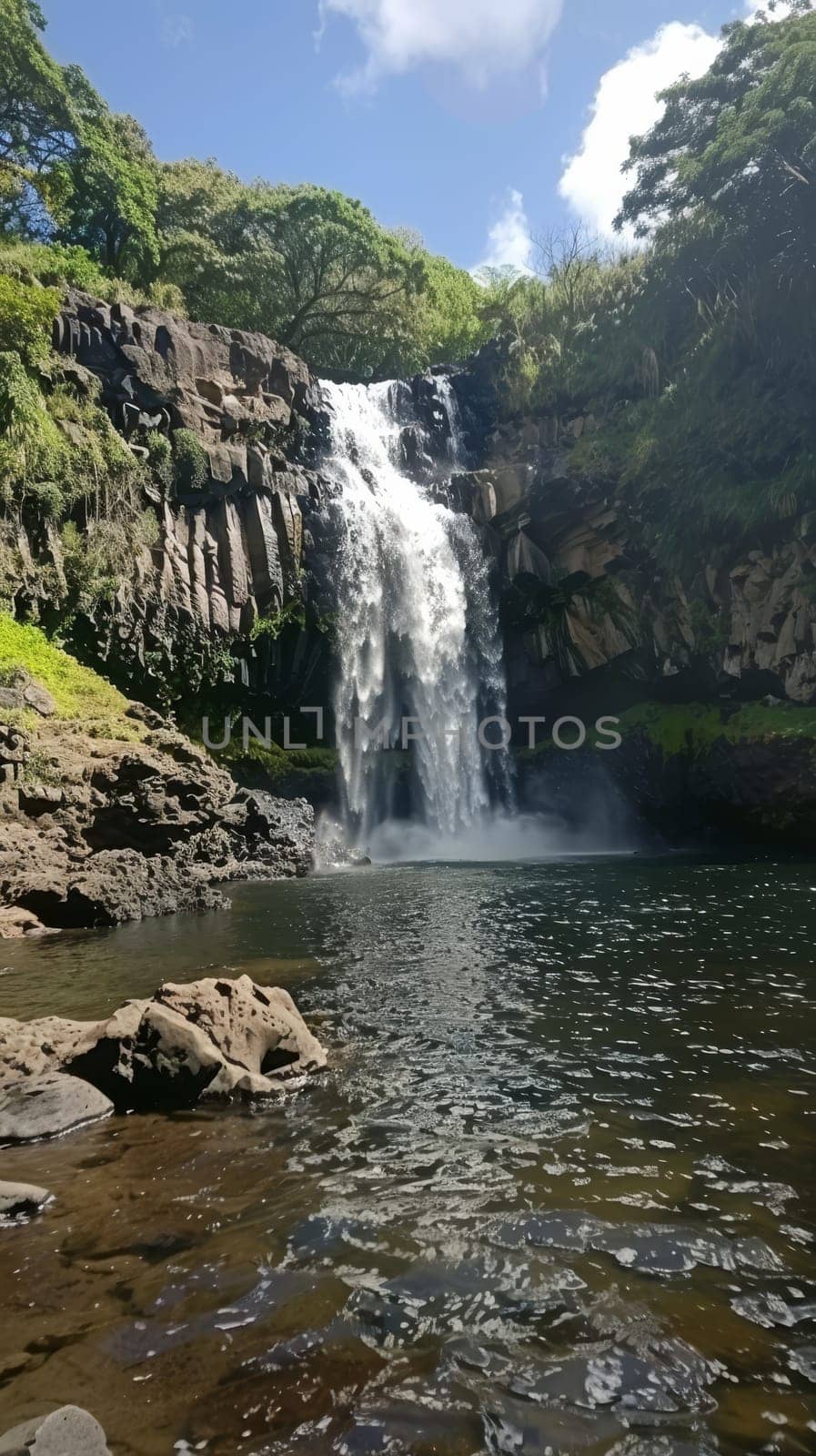 The serene beauty of a cascading waterfall in a dense jungle setting, where nature's music and lush foliage create a tranquil haven
