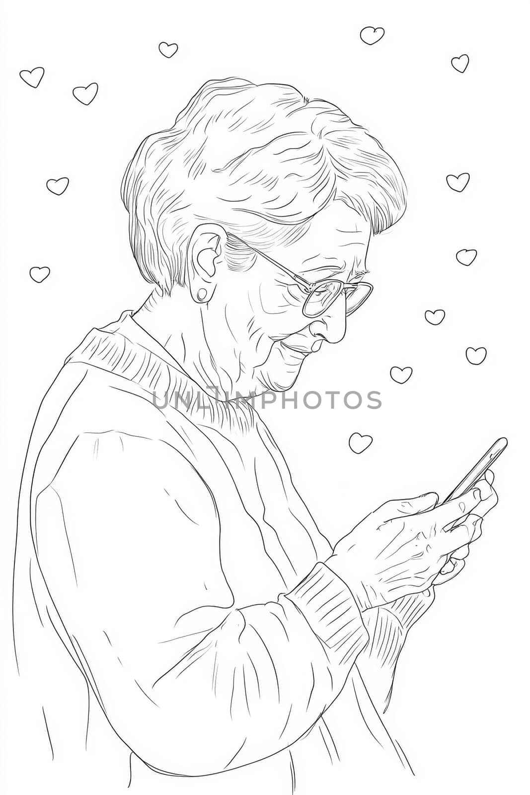An elderly woman with a phone in her hands on a white background. High quality photo