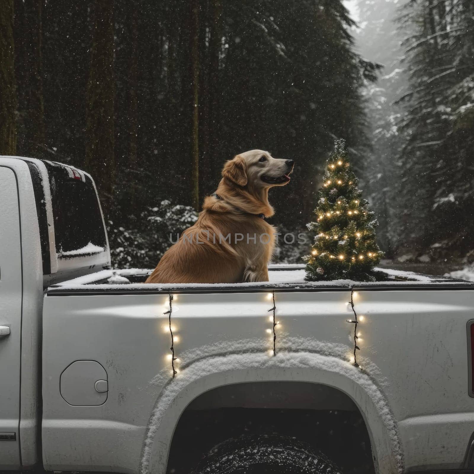 A Labrador sits in the back of a pickup truck decorated with a garland and coniferous branches in winter. High quality photo