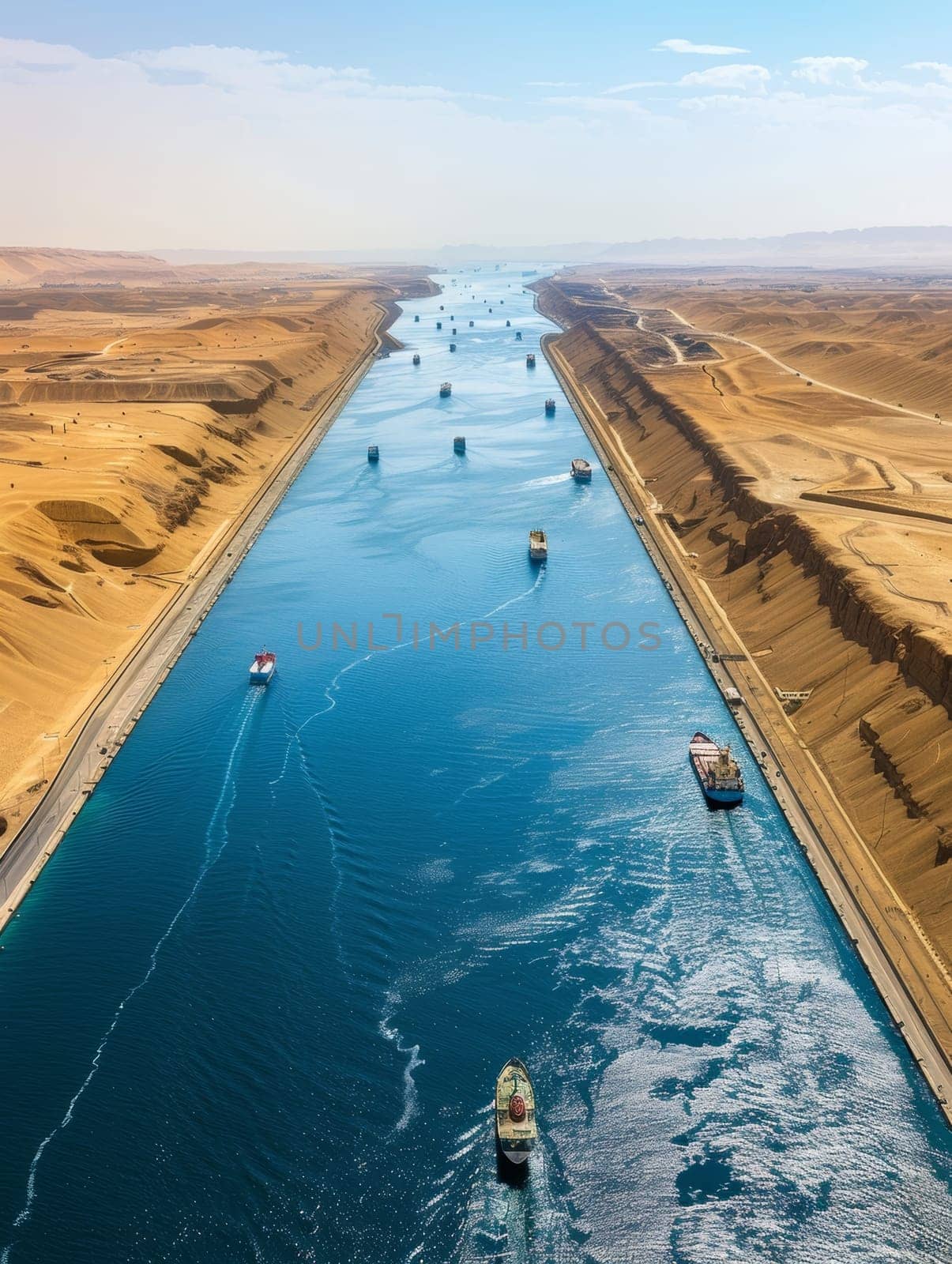 A sweeping aerial view captures the strategic commercial route of a canal, busy with the transit of various cargo ships