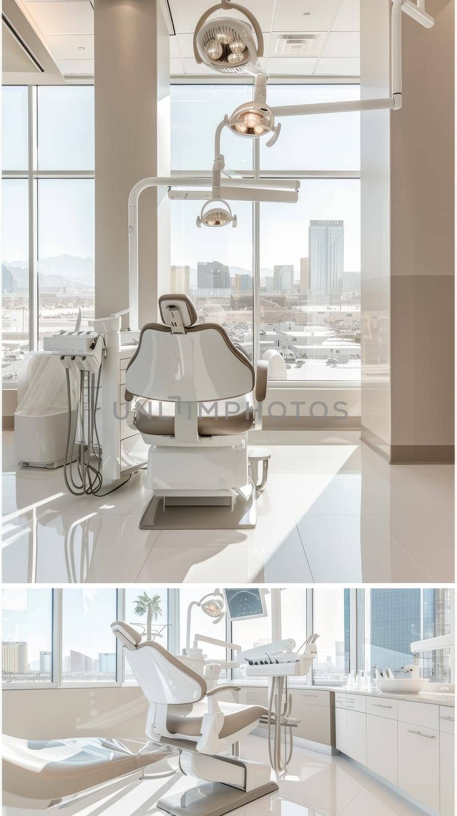 A sophisticated dental clinic interior highlighted by its minimalist design, large windows offering mountain views, and sleek dental stations ready for patient care