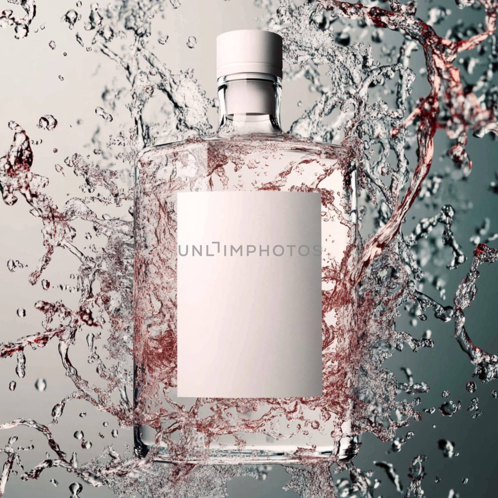 Pink gin bottle is standing in water with red ribbons flying around it and water splashing. The background is light grey