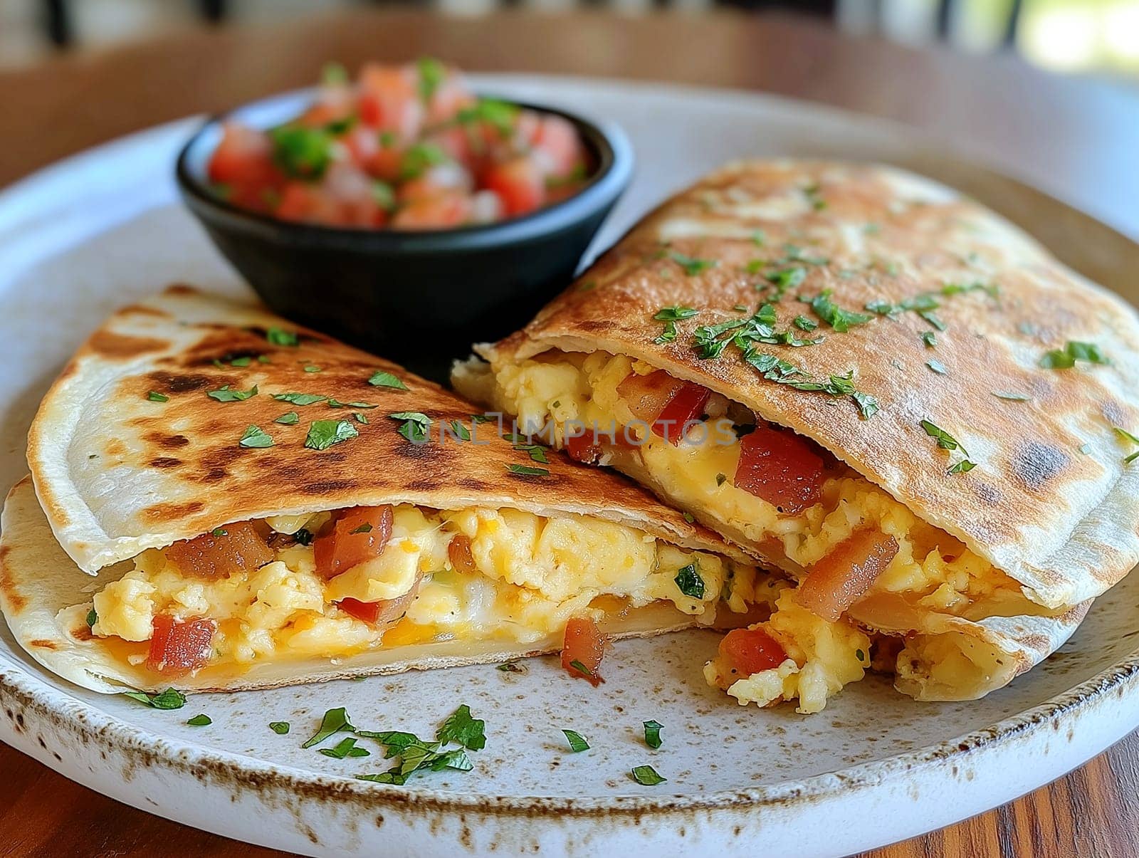 Close-up of a mouthwatering scrambled egg quesadilla filled with melted cheese and tomatoes, served with a bowl of fresh salsa on a rustic plate. Perfect for breakfast or brunch.