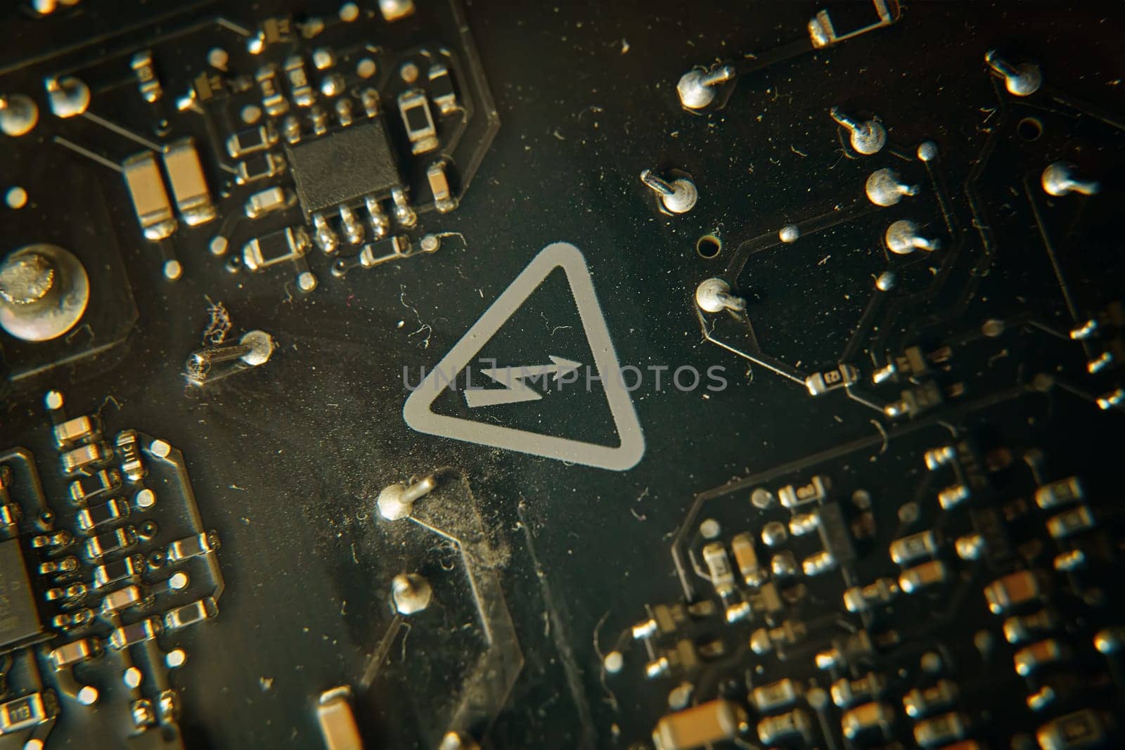 A detailed and closeup view of a circuit board showing a prominent warning symbol, emphasizing technology and safety