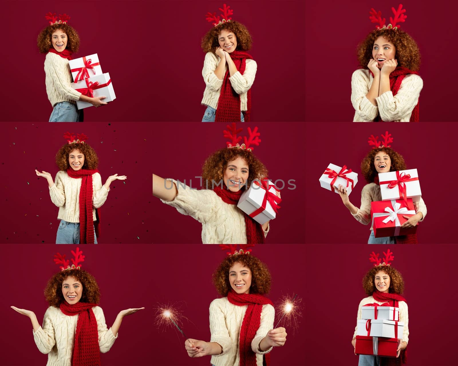 A cheerful lady celebrates the holiday season, surrounded by wrapped presents while wearing a festive sweater and scarf. Joyful expressions light up the festive atmosphere.