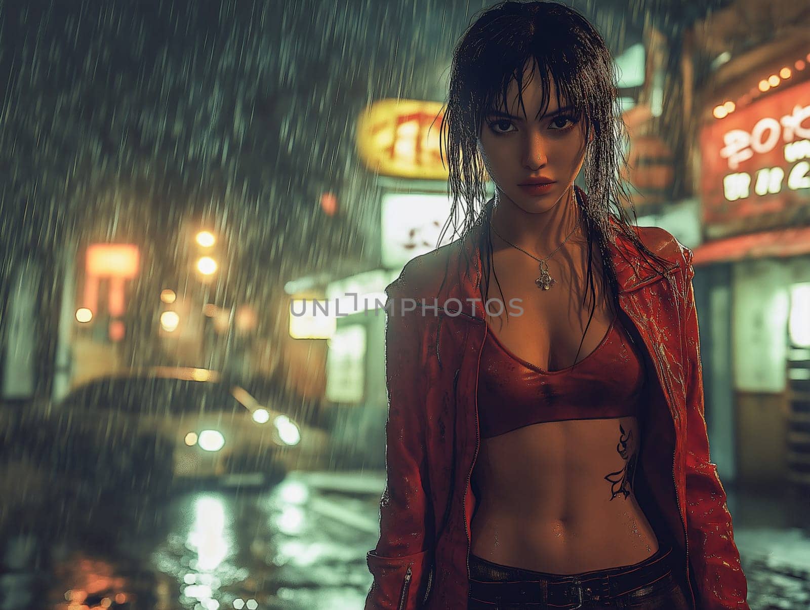 A woman in a red jacket stands in the rain. She is wearing a necklace and has tattoos on her body. The image has a moody and dramatic feel to it, as the woman is in a stormy and intense situation