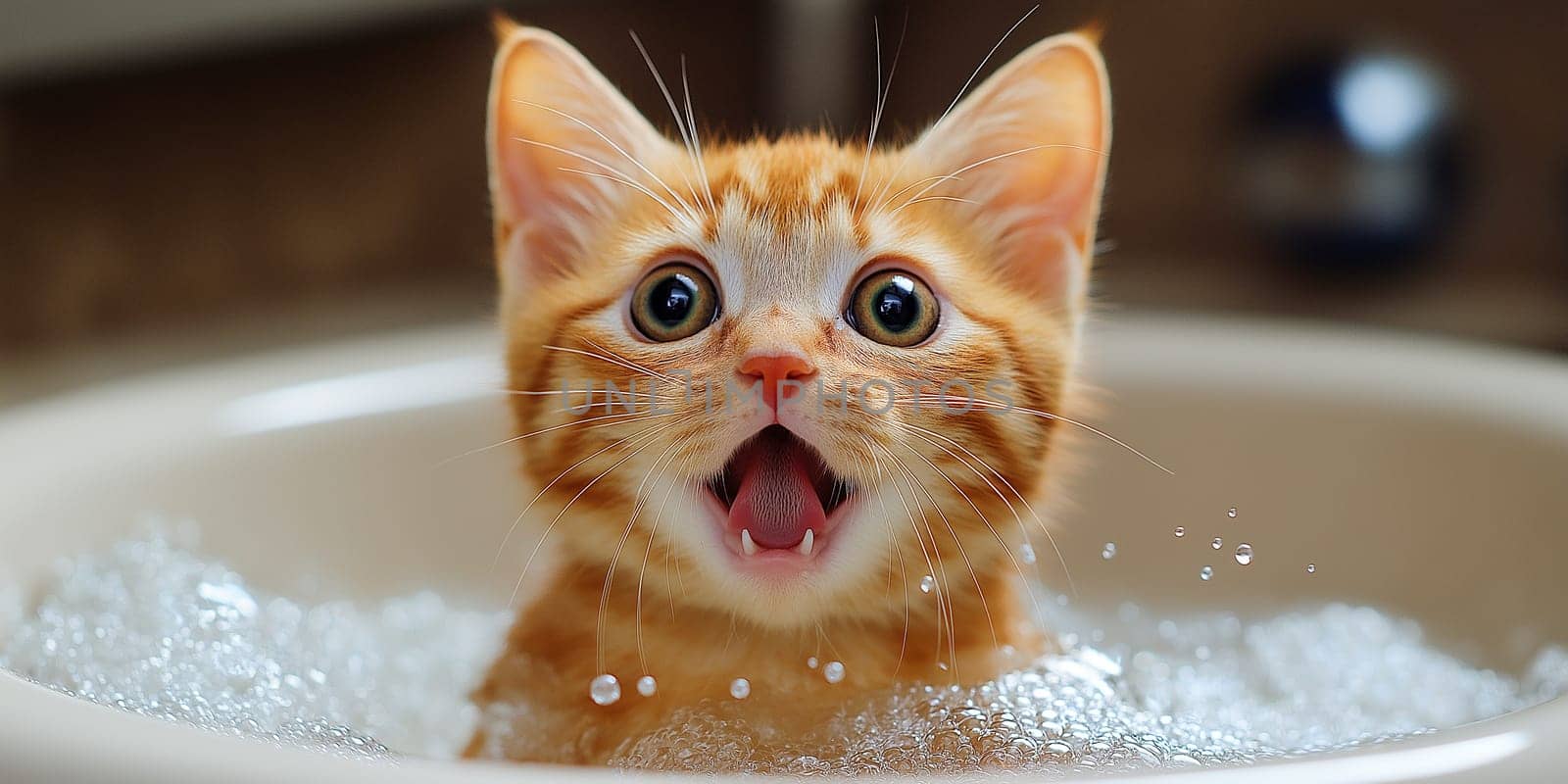 A kitten is in a bathtub with bubbles. The kitten is making a funny face and he is enjoying the bath