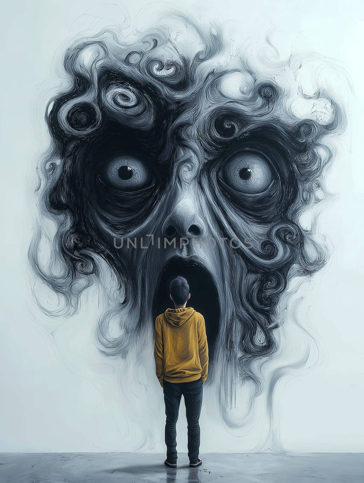 A man stands in front of a large, scary face. The man is wearing a yellow hoodie and he is looking at the face with fear. Concept of horror and unease