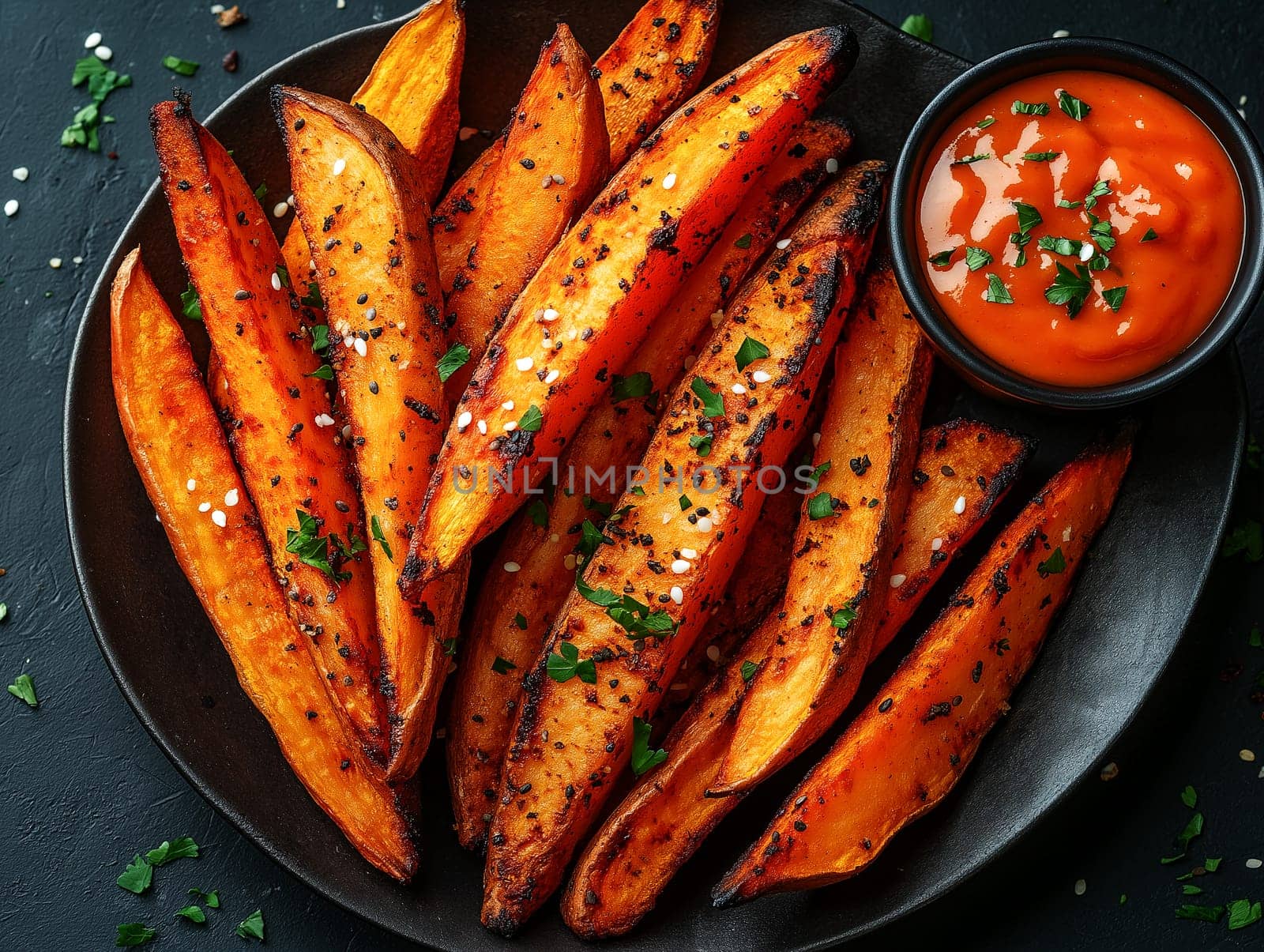 A plate of fries with a dipping sauce. The fries are cut into thin strips and are seasoned with salt and pepper. The dipping sauce is red and is poured into a small bowl
