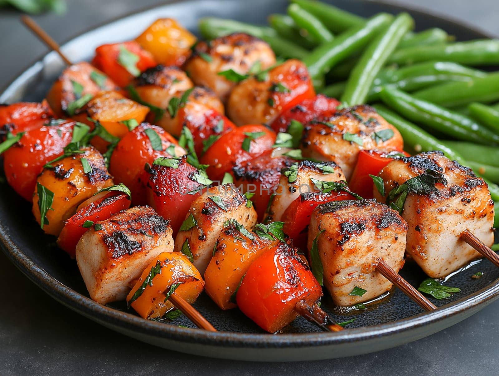A plate of grilled chicken and vegetables with a side of green beans. The dish is colorful and appetizing, with the vegetables adding a pop of color to the plate. The grilled chicken is tender