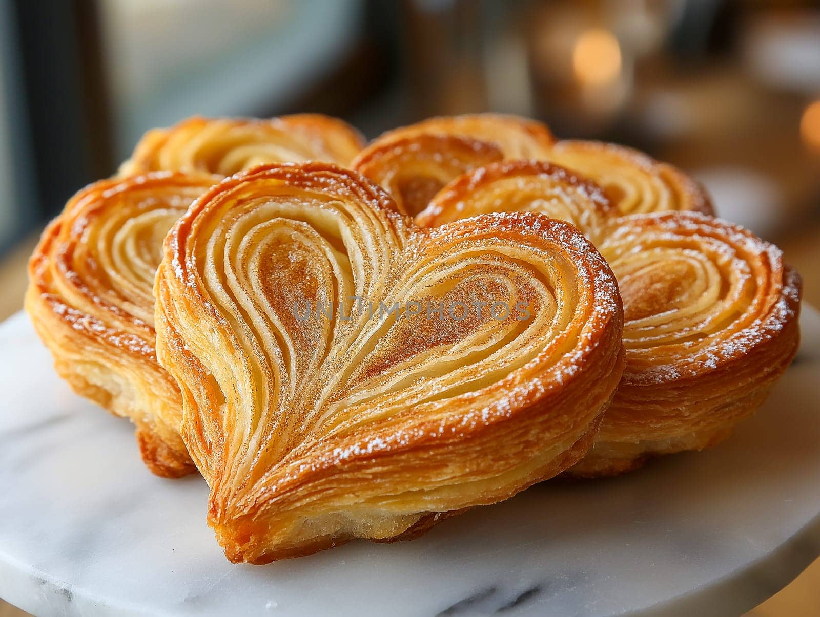 A close up of four heart shaped pastries on a marble counter. The pastries are golden brown and have a sprinkle of powdered sugar on top. Concept of warmth and comfort