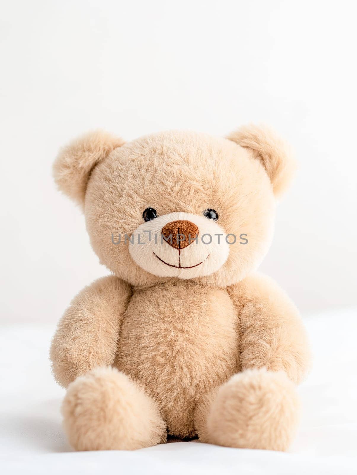 A teddy bear is sitting on a white bed. It is smiling and looking at the camera