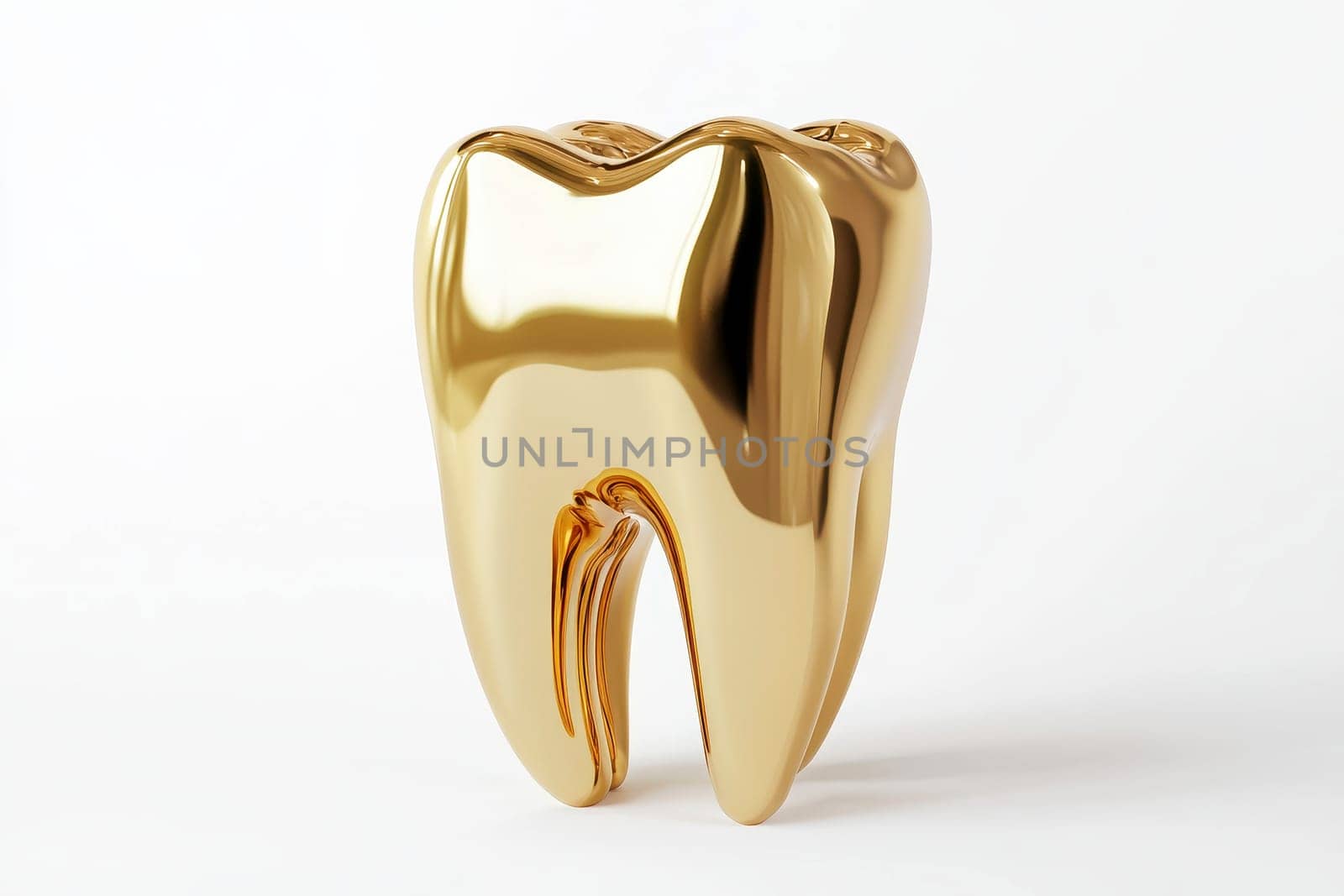 3D rendering of a golden tooth. The tooth is shiny and reflective, and it is set against a white background..