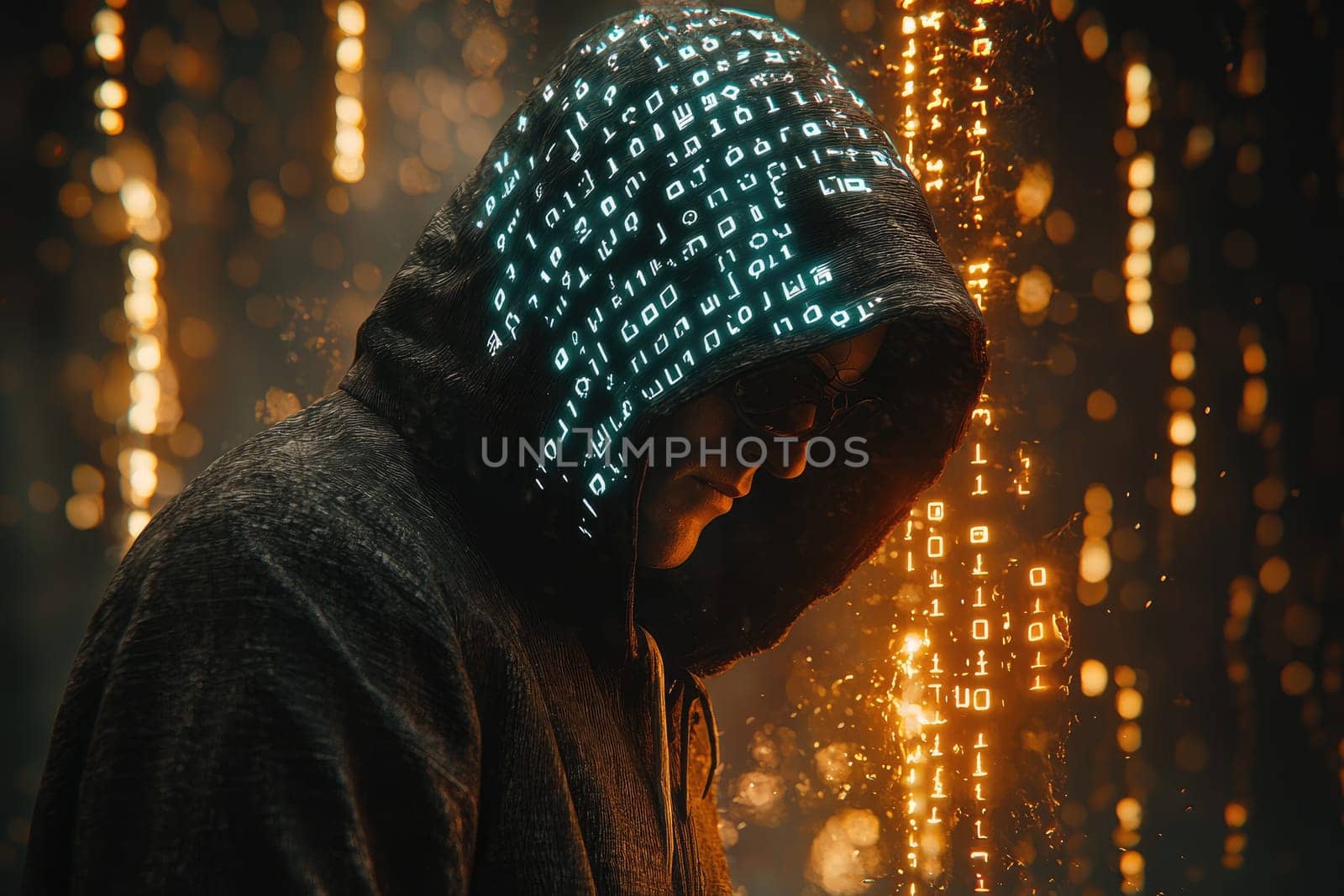 Anonymous coder: hacker dismantling binary barriers while cloaked in hoodie, embodying mystique of underground tech culture, challenging systems with skillful precision, stealth in digital realm