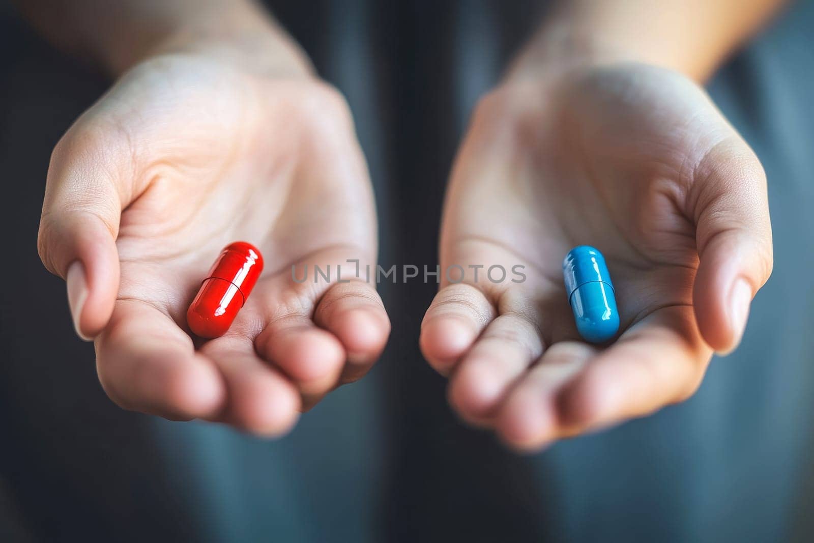 A woman holds two pills in opposite hands, one blue and the other red, symbolizing a choice between different paths. Concept of duality between the unknown and security..