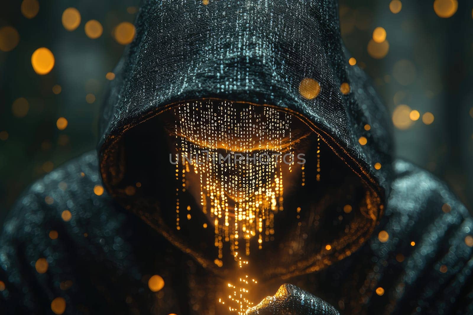 Digital shadow: hacker breaking binary code, incognito in hoodie, expertly navigating depths of cyberspace to expose vulnerabilities, reveal hidden truths within complex world of technology