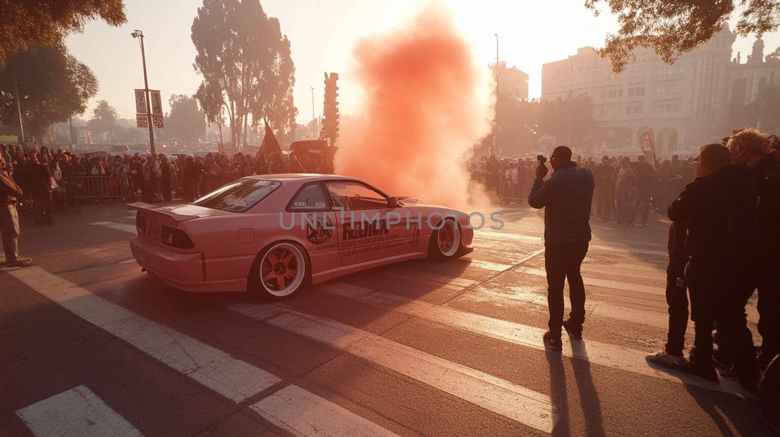 Thrilling pink sports car burning rubber on city street, creating red smoke on sunny day. Adrenaline, excitement, passion, skill, fans capturing moment