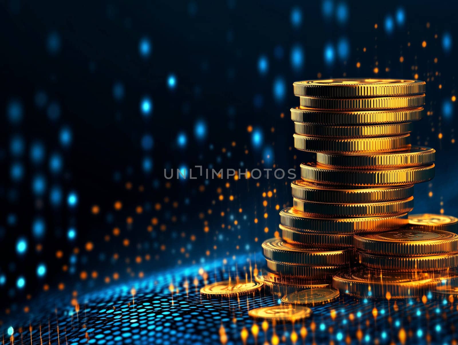 Golden coins stacked on a digital, futuristic background, representing concepts of cryptocurrency, digital finance, and wealth in a modern, tech-driven economy.