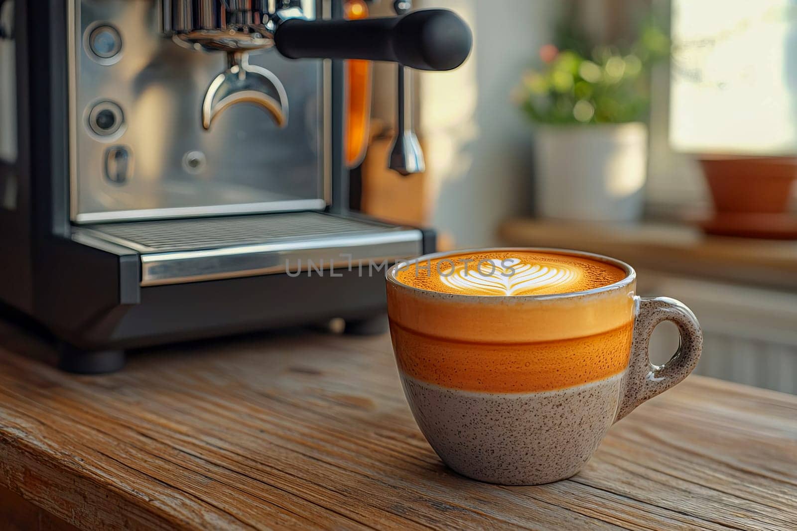 Close-up of a cup of morning espresso standing on a wooden table with a coffee machine in the background.