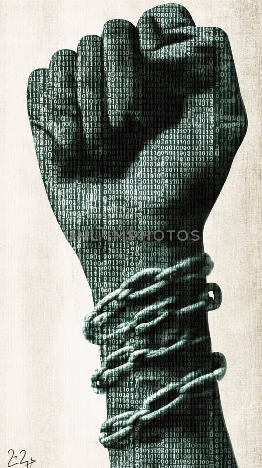 Fist made of binary code is breaking free from chains, also made of binary code, symbolizing the fight for digital freedom and against internet censorship