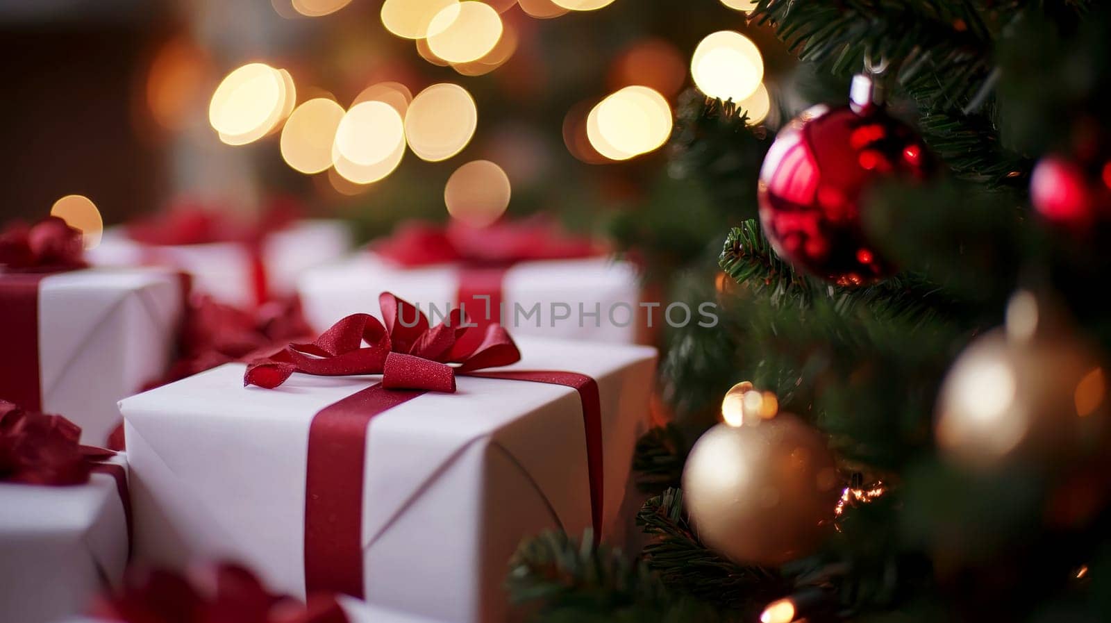 white gift boxes with red ribbon on Shiny blurred background with bokeh, baubles, decorated Christmas tree and spruce branches. Mockup pedestal on a table..