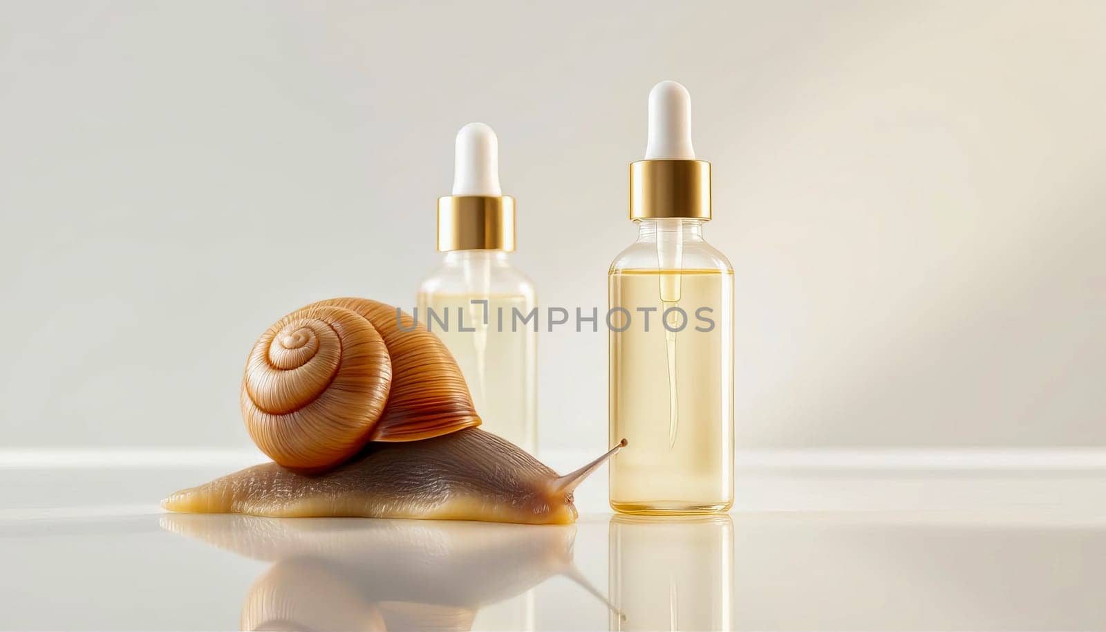 Two bottles with serum with snail mucin and one large snail on a mirror surface, white background. Organic natural cosmetics.