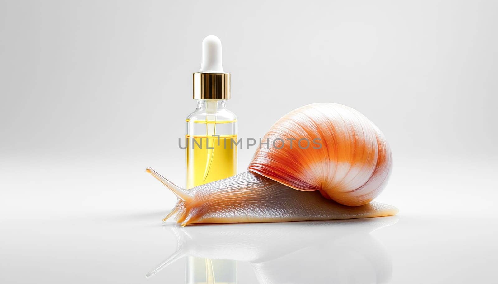 Two bottles with serum with snail mucin and one large snail on a mirror surface, white background. Organic natural cosmetics.
