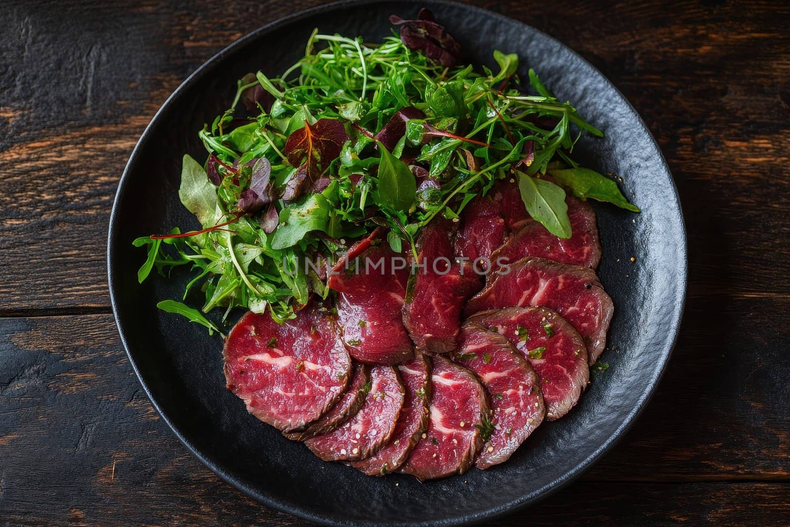 papier thin slices of beef on a black plate set on a dark wooden table --ar 3:2 --style raw --stylize 250 --v 6.1 Job ID: cbe65d45-d550-4e0a-851c-68784cf25230